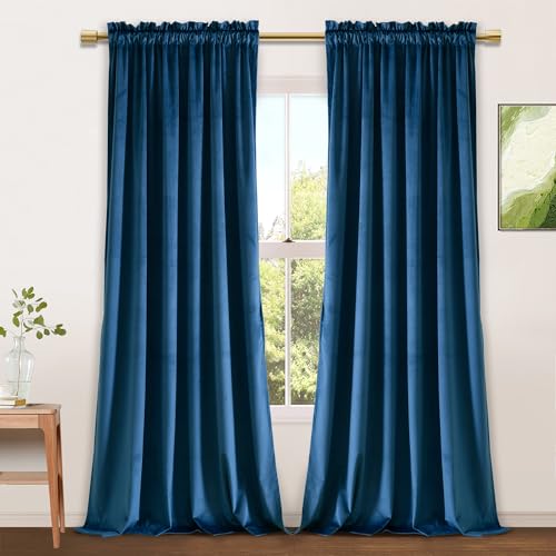 JIUZHEN Marineblaue Samtvorhänge, 213,4 cm für Wohnzimmer, weich, Retro-Verdunkelung, Samtvorhänge, Stangentasche, Raumverdunkelung, wärmeisoliert für Schlafzimmer/Galerie, 60 B x 84 L, 2 Paneele mit von JIUZHEN