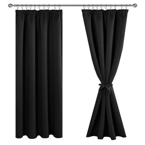 JIUZHEN Vorhang Blickdicht Gardinen mit kräuselband Verdunklungsvorhänge Vorhänge Wohnzimmer Gardinen Schlafzimmer Thermovorhang Schwarz,H160 x B140 cm,2er Set von JIUZHEN