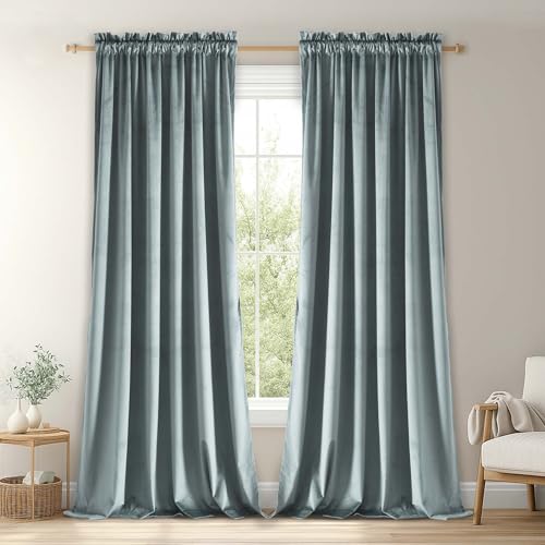 JIUZHEN Retro-Samt-Vorhänge für Wohnzimmer – Raumverdunkelung & geräuschreduzierende Stangentaschen-Fenstervorhänge für Schlafzimmer, 2er-Set, Fenstervorhang mit Raffhaltern, 178 x 213 cm, Steinblau von JIUZHEN