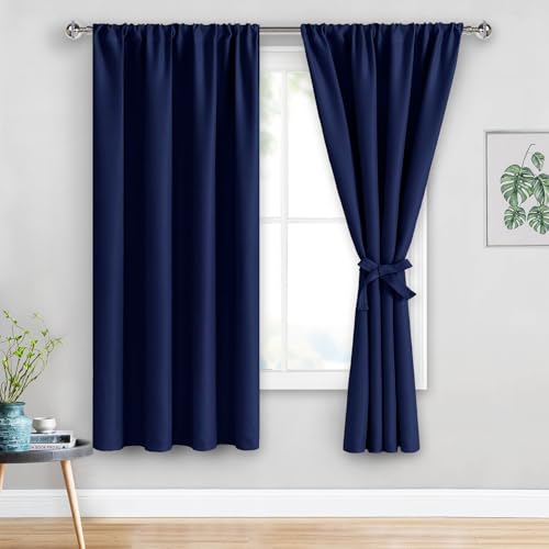 JIUZHEN Rosette Verdunkelungsvorhänge für Schlafzimmer, wärmeisoliert, Raumverdunkelungsvorhänge für Wohnzimmer, Set mit 2 Paneelen mit Raffhaltern, 107,7 x 160,9 cm Länge, Marineblau von JIUZHEN