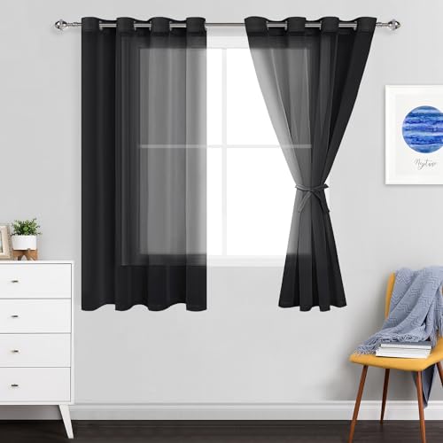 JIUZHEN Sheer Voile Vorhang Semi Transparente Gardine Schals für Wohnzimmer Schlafzimmer, 2er Set, 145x140cm(HxB), Schwarz von JIUZHEN