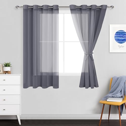 JIUZHEN Sheer Voile Vorhang Semi Transparente Gardine Schals für Wohnzimmer Schlafzimmer, 2er Set, 160x140cm(HxB), Dunkelgrau von JIUZHEN