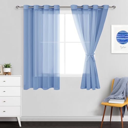 JIUZHEN Sheer Voile Vorhang Semi Transparente Gardine Schals für Wohnzimmer Schlafzimmer, 2er Set, 175x140cm(HxB), Staubiges Blau von JIUZHEN