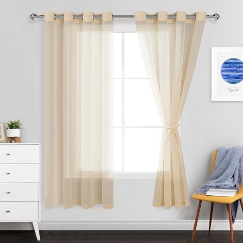 JIUZHEN Sheer Voile Vorhang Semi Transparente Gardine Schals für Wohnzimmer Schlafzimmer, 2er Set, 180x132cm(HxB), Beige von JIUZHEN