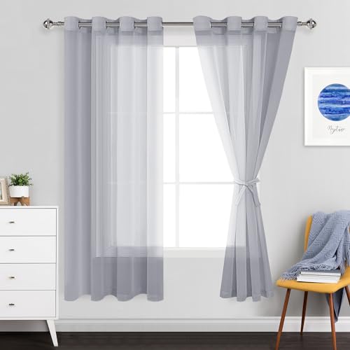 JIUZHEN Sheer Voile Vorhang Semi Transparente Gardine Schals für Wohnzimmer Schlafzimmer, 2er Set, 180x132cm(HxB), Grau von JIUZHEN