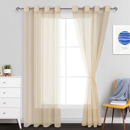 JIUZHEN Sheer Voile Vorhang Semi Transparente Gardine Schals für Wohnzimmer Schlafzimmer, 2er Set, 210x132cm(HxB), Beige von JIUZHEN