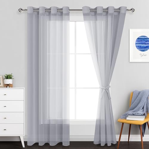 JIUZHEN Sheer Voile Vorhang Semi Transparente Gardine Schals für Wohnzimmer Schlafzimmer, 2er Set, 210x132cm(HxB), Grau von JIUZHEN