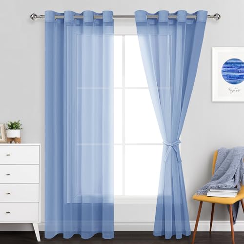 JIUZHEN Sheer Voile Vorhang Semi Transparente Gardine Schals für Wohnzimmer Schlafzimmer, 2er Set, 210x132cm(HxB), Staubiges Blau von JIUZHEN