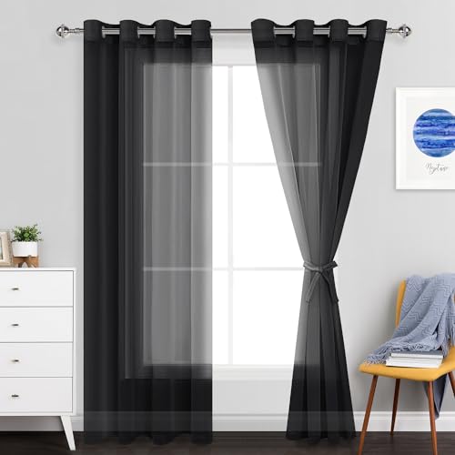 JIUZHEN Sheer Voile Vorhang Semi Transparente Gardine Schals für Wohnzimmer Schlafzimmer, 2er Set, 215x140cm(HxB), Schwarz von JIUZHEN