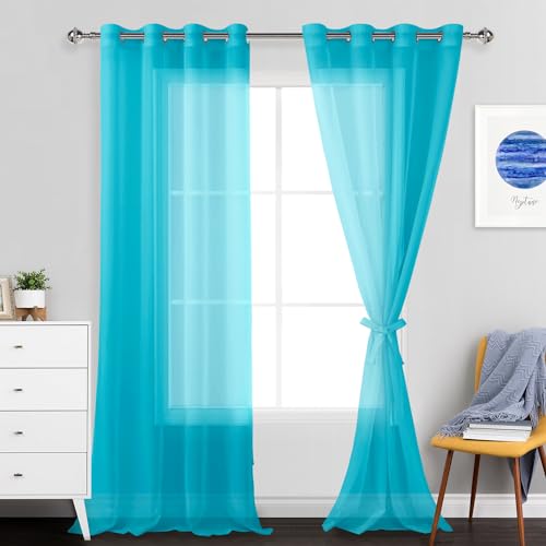 JIUZHEN Sheer Voile Vorhang Semi Transparente Gardine Schals für Wohnzimmer Schlafzimmer, 2er Set, 260x140cm(HxB), Türkis von JIUZHEN