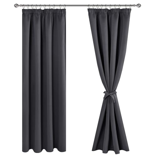 JIUZHEN Verdunklungsvorhänge Gardinen mit kräuselband Vorhang Blickdicht Gardinen Wohnzimmer Vorhänge Schlafzimmer Thermovorhang Dunkelgrau, H225 x B140 cm,2er Set von JIUZHEN