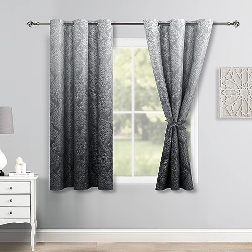 JIUZHEN Verdunkelungsvorhänge für Wohnzimmer Damastmuster Thermoisolierte Vorhänge für Schlafzimmer Tüllenvorhänge,117x137CM,Schwarz,2er Set von JIUZHEN