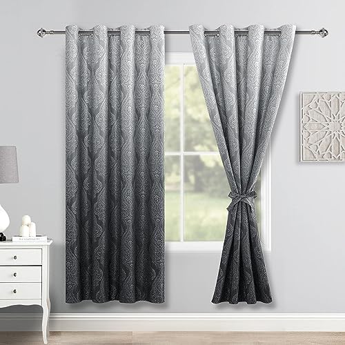 JIUZHEN Verdunkelungsvorhänge für Wohnzimmer Damastmuster Thermoisolierte Vorhänge für Schlafzimmer Tüllenvorhänge,140x175CM,Schwarz,2er Set von JIUZHEN