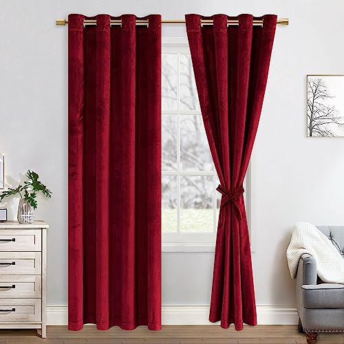 JIUZHEN Verdunklungsvorhang aus Samt,2er Set weiche blickdichte Gardinen mit Ösen für Schlafzimmer,140x215cm (Breite x Höhe),Weinrot von JIUZHEN