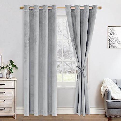 JIUZHEN Verdunklungsvorhang aus Samt,2er Set weiche blickdichte Gardinen mit Ösen für Schlafzimmer,140x225cm (Breite x Höhe),Silber grau von JIUZHEN
