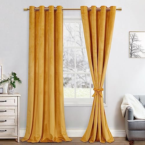 JIUZHEN Verdunklungsvorhang aus Samt,2er Set weiche blickdichte Gardinen mit Ösen für Schlafzimmer,140x245cm (Breite x Höhe),Warm Glod von JIUZHEN
