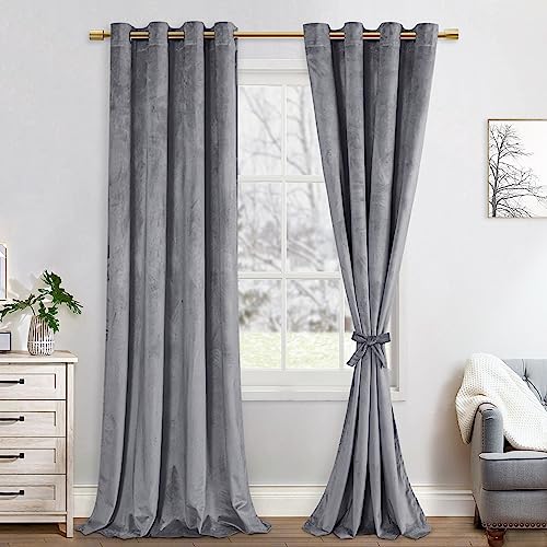 JIUZHEN Verdunklungsvorhang aus Samt,2er Set weiche blickdichte Gardinen mit Ösen für Schlafzimmer,140x260cm (Breite x Höhe),Graue von JIUZHEN