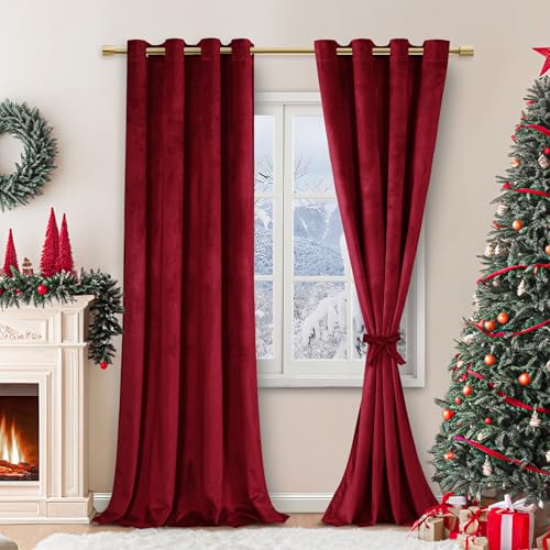 JIUZHEN Verdunklungsvorhang aus Samt,2er Set weiche blickdichte Gardinen mit Ösen für Schlafzimmer,140x260cm (Breite x Höhe),Weinrot von JIUZHEN
