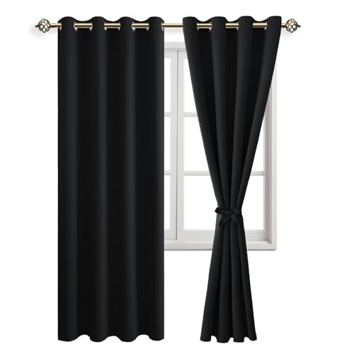 JIUZHEN Vorhänge Blickdicht mit Ösen Verdunklungs Gardinen Schlafzimmer Blickdichte Vorhänge Ösenschal Vorhang gegen Kältes und Hitze Curtains Blackout ThermoVorhang 2er Set 245x132cm(HxB) Schwarz von JIUZHEN