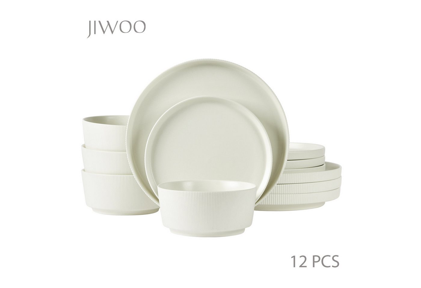JIWOO Geschirr-Set Geschirrset Matte Oberfläche, Zeitlose Optik, Dezente Rillenstruktur (12-tlg), 4 Personen, hochwertiges Steingut, für 4 Personen von JIWOO