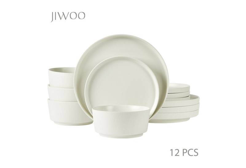 JIWOO Geschirr-Set Geschirrset Matte Oberfläche, Zeitlose Optik, Dezente Rillenstruktur (12-tlg), 4 Personen, hochwertiges Steingut, für 4 Personen von JIWOO