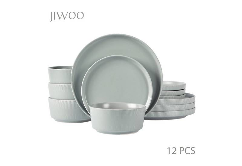JIWOO Geschirr-Set Geschirrset Matte Oberfläche, Zeitlose Optik, Dezente Rillenstruktur (12-tlg), 4 Personen, hochwertiges Steingut, für 4 Personen von JIWOO