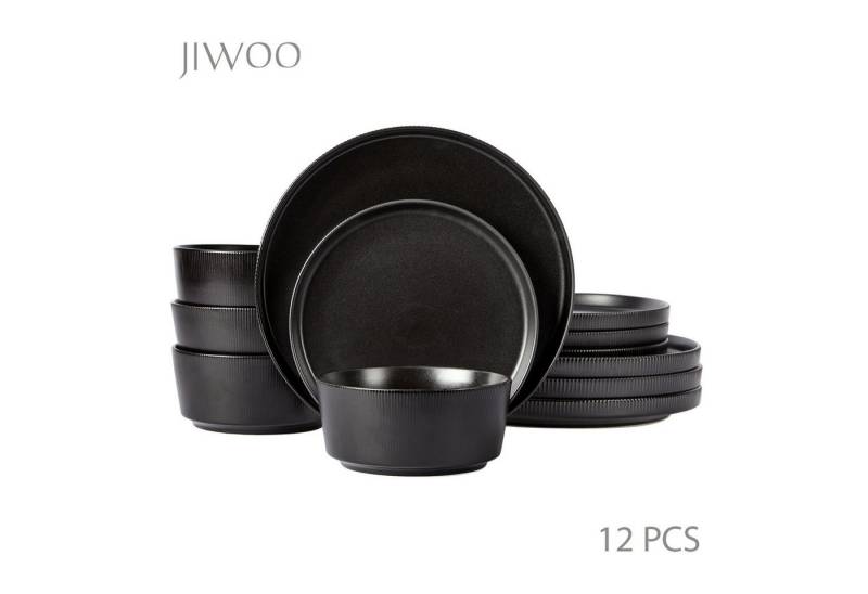 JIWOO Geschirr-Set Geschirrset Matte Oberfläche, Zeitlose Optik, Dezente Rillenstruktur (12-tlg), 4 Personen, hochwertiges Steingut, für 4 Personen von JIWOO