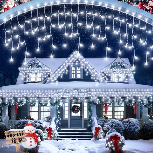 JIXXULVU Eisregen Lichterkette Außen, 486 LED-Weihnachtslicht für draußen, Timer & Speicher, Plug in 8 Modi Hanging Fairy Light mit 108 Tropfen für Haus Traufe Hof Patio (Kaltweiß, 16m-486LED) von JIXXULVU
