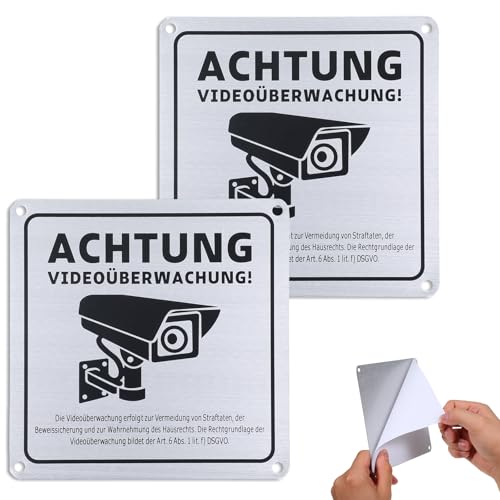 JIYIN 2 Stück Schild Videoüberwachung Privatgrundstück mit DSGVO Hinweis, 15 x 15 cm Aluminium Videoüberwachung Schild mit Selbstklebend und 4 Bohrlöcher von JIYIN