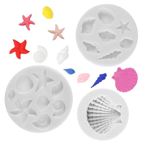 JIYIN 3 Stück Ozean Tier Silikon Backformen, Fondantform Muschel Seestern Tortendeko Backformen DIY Ausstechform für Kuchen Schokolade Süßigkeiten Ice Jelly von JIYIN