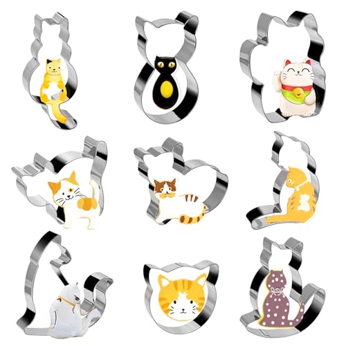 JIYIN 9 Stück Katze Ausstechformen Set, Niedliche Katze Form Ausstechformen Edelstahl Ausstecher zum Backen Katze Themed Party Supplies Silber von JIYIN
