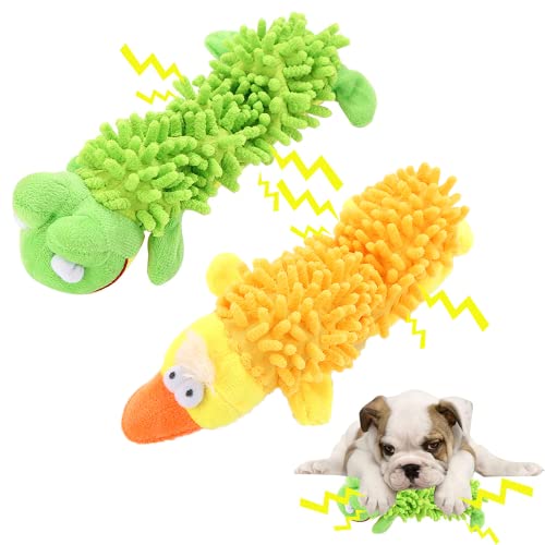 JIYISHIHOU Plüsch Quietschendes Hundespielzeug,2 Stück Hund Quietschende Kauen Spielzeug Keine Füllung Hund Spielzeug Plüsch Tier Hundespielzeug für Kleine Medium Hund(Frosch + gelbe Ente) von JIYISHIHOU