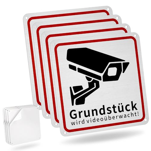 JIZZU 4 Stück Schild Videoüberwachung, 15x15CM Selbstklebend und 4 Bohrlöcher Aluminium Schild Warnschild für den Innen- und Außeneinsatz von JIZZU