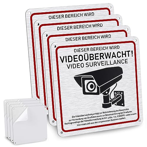 JIZZU 4 Stück Schild Videoüberwachung, 5.9x5.9 inch Selbstklebend und 4 Bohrlöcher Aluminium Schild Warnschild für den Innen- und Außeneinsatz von JIZZU