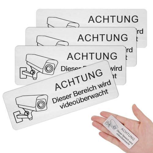 JIZZU 4 Stück Schild Videoüberwachung, 8.5x3 cm Selbstklebend Aluminium Schild Warnschild, Hinweisschild Achtung Videoüberwachung Privatgrundstück, Rostfrei von JIZZU