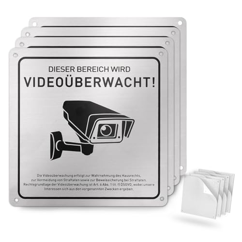 JIZZU 4 Stück Schild Videoüberwachung, 5.9 inch Selbstklebend und 4 Bohrlöcher Aluminium Schild Warnschild für den Innen- und Außeneinsatz von JIZZU