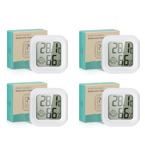 JIZZU 4 Stück Thermometer Hygrometer Innen, Mini LCD Digital Raumthermometer Wandmontage luftfeuchtigkeitsmesser mit Smiley-Indikator für Babyzimmer Gewächshaus Weinkeller, Weiß JIZZU 4 Stück Thermometer Hygrometer Innen, Mini LCD Digital Raumthermometer Wandmontage luftfeuchtigkeitsmesser mit Smiley-Indikator für Babyzimmer Gewächshaus Weinkeller, Weiß von JIZZU