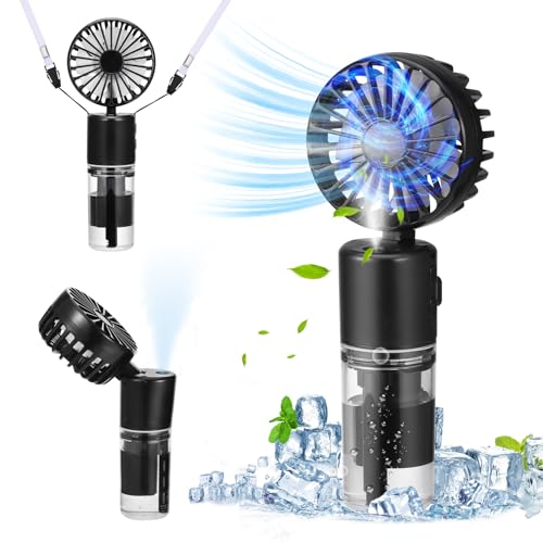 JIZZU Tragbarer Handventilator mit Wassernebel, 4000mAh Mini Ventilator USB, Wasserventilator mit 4 Geschwindigkeiten, Batteriebetriebener kleiner Ventilator für Büro, Reise und Camping von JIZZU
