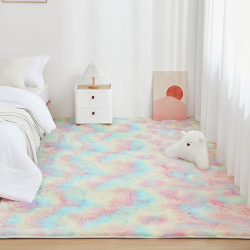 Hochflor Teppich Schlafzimmer Flauschig Rechteckig Regenbogen Weicher Flauschiger Teppich für Wohnzimmer, Anti-Rutsch Waschbar Fusselt Auch Nicht Moderner Teppiche Kinderzimmer Deko, Bettvorleger von JIcloun