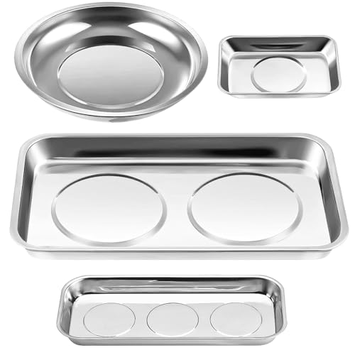 4 Stücke Magnetschale Werkstatt Kit, Edelstahl Tablett, Magnet Schale Umfasst Runde, Rechteckige, Wekzeugschale zum Halten von Werkzeug, Schrauben, Bohrer und Nägel (1) von JIjzedL