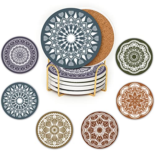 JJ PRIME - Keramik Untersetzer Gläser Set 6 Stück | Glas Untersetzer-Set Modern | Getränkeuntersetzer mit Korkboden - Kratzfest, Anti-Rutsch Glasuntersetzer Einweihungsgeschenk Wohnung (Mandala) von JJ PRIME