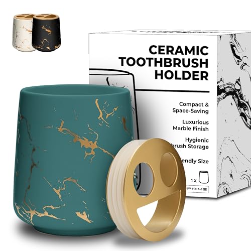 JJ PRIME - Keramik Zahnbürstenhalter Ohne Bohren | Zahnbürsten Halterung Zahnbürste | Zahnbürsten Aufbewahrung Bathroom Organizer | Zahnbürsten Becher Marmor Design (Zahnputzbecher Grün) von JJ PRIME