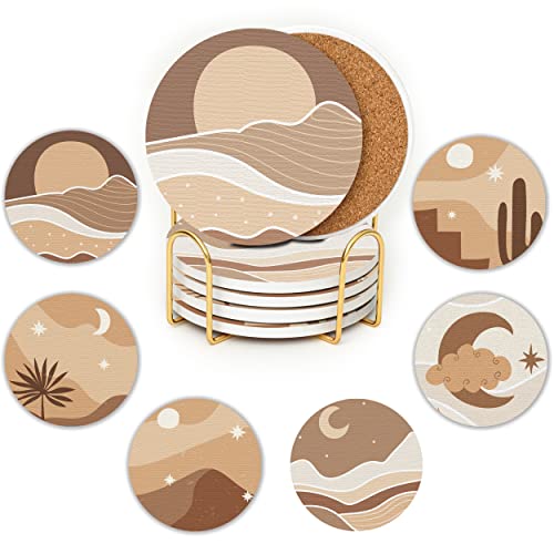JJ PRIME - Keramik Untersetzer Gläser Set 6 Stück | Glas Untersetzer-Set Modern | Getränkeuntersetzer mit Korkboden - Kratzfest, Anti-Rutsch Glasuntersetzer Beige Tisch Deko (Boho) von JJ PRIME