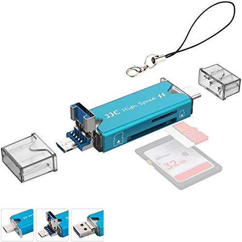 JJC Metall USB 3.0 Kartenleser Mit Micro USB 2.0 und Typ-C Ports für SDXC, SDHC, SD, Micro SD(XC/HC) - Kompatibel Mit OTG/USB-C OTG Fähigen Handys oder Tablets (Blau) von JJC