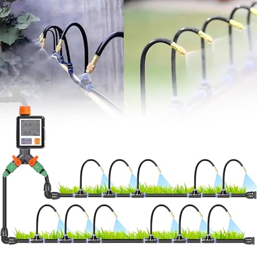 JJENXYYDS Intelligentes zeitgesteuertes Bewässerungssystem, automatisches Gartenbewässerungssystem, mit 360-Grad-Biegetropfer-Zerstäuberdüse aus Kupfer, für Garten, Hof, Rasen,30M/98.4FT+Controller von JJENXYYDS