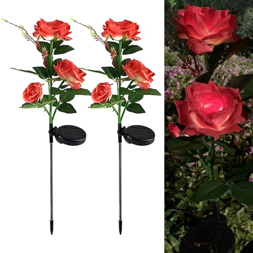 2 Stück Solarlampen für Außen Garten, Solarleuchten Deko, Wasserdicht Solarleuchten Garten Rose Lichter, LED Aussenleuchten Wegeleuchte, Garten Pfahl Lichter, Solar Blumenlicht für Gartendeko (Rot) von JJIW