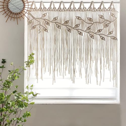 Fenster Wandbehang, Gewebt Blätter Kurz Küche Bistrogardinen Kurzstores Gardinen Schiebevorhang Wandbehang Makramee Türvorhang Kurzvorhang, Gewebt Wandteppich Wanddeko Outdoor Vorhang,80*110cm (Beige) von JJIW