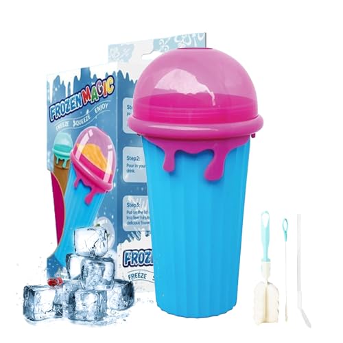 Slushy Maker Becher, Slushie Cup, 500ml Silikon Squeeze Cup mit 2 in 1 Strohhalm und Löffel, Smoothies Cup Double Layer Slush Maker Cup Smoothie Cup Schnellgefrorener Zauberbecher Geschenke (Blau) von JJIW