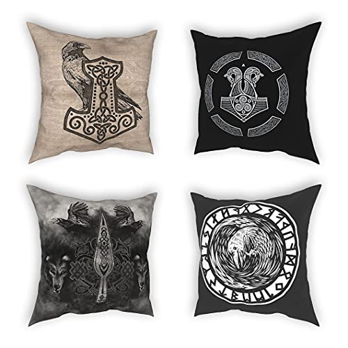 JJLLAZAD Nordic Mythology Sofa Kissenbezug 4-Teiliges Set Viking Thors Hammer 3D-Druck Musterkunst Polyester Wohnkultur Kissenhülle,Nordic Pattern,18x18Inch von JJLLAZAD