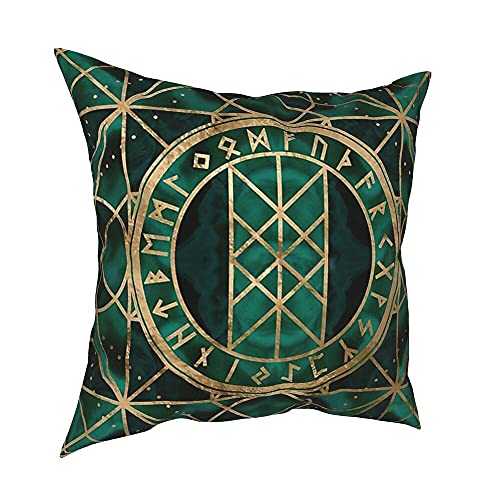 JJLLAZAD Wikinger Dekorativer Quadrat Kissenbezug Für Bett,Nordeuropa Odin Rune,Web of Wyrd,Polyester Kissenbezüge,Geeignet Für Sofa,Grün,18x18Inch von JJLLAZAD